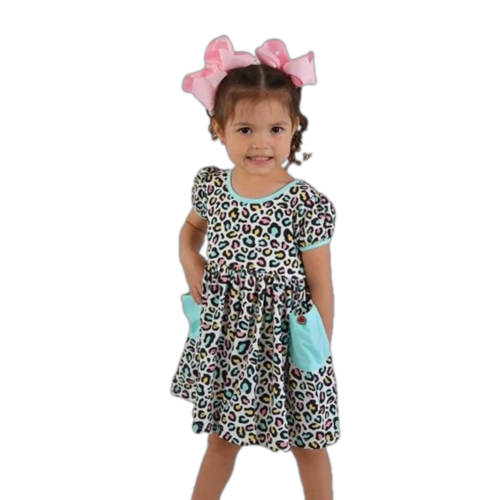 Swoon Baby Rainbow Leopard peony bow pocket dress NWT